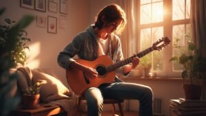 Um rapaz branco, com cabelos na altura da sua boca, olhando pro violão, enquanto toca violão, sentado em um banco de madeira, no centro de uma sala. Ambiente muito agradável, com uma bela janela, pela qual entra o sol, numa cena que parece de outono, rodeado por plantas caseiras.