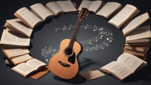Uma ilustração de uma roda de livros abertos com suas partituras e no ponto onde a roda está mais perto de quem vê a imagem, um violão, do qual saem desenhadas várias notas em trilhas como se estivesse saindo música dele.