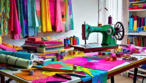 Curso Styleflix: uma mesa de trabalho repleta de tecidos coloridos, rolos de linha, tesouras de precisão e moldes de papel espalhados. Uma máquina de costura vintage repousa ao lado, pronta para transformar sonhos em realidade