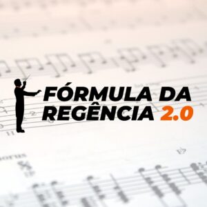 Logo do curso Fórmula da Regência 2.0, com o fundo de uma partitura e o logo com um maestro regendo.