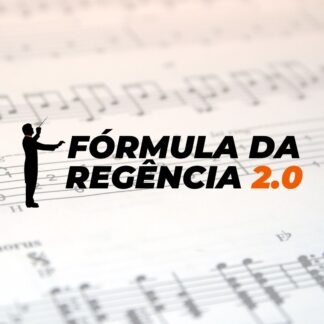 Logo do curso Fórmula da Regência 2.0, com o fundo de uma partitura e o logo com um maestro regendo.