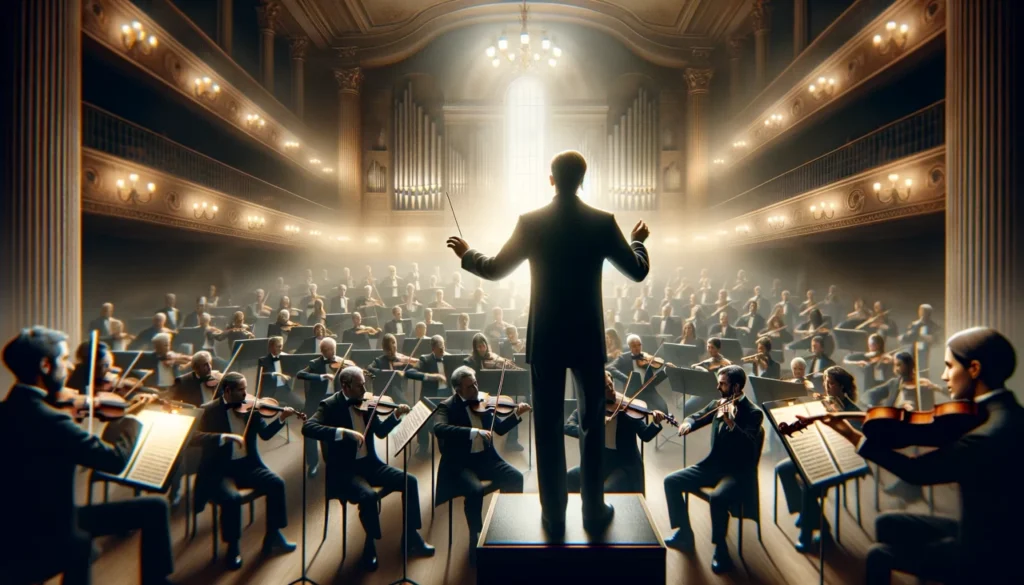 Fórmula da Regência 2.0: imagem de uma orquestra em uma casa de espetáculos musicais, com uma grande orquestra na parte baixa, na alta o público e ao centro, um maestro, de costas, destacado, em primeiro plano.