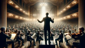 Fórmula da Regência 2.0: imagem de uma orquestra em uma casa de espetáculos musicais com um grande órgão ao fundo, uma enorme orquestra e ao centro, um maestro, de costas, destacado, em primeiro plano.
