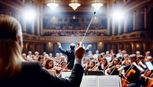 Fórmula da Regência 2.0: imagem de uma orquestra em uma casa de espetáculos musicais, com uma grande orquestra na parte baixa, na alta o público e ao centro, um maestro, de costas, destacado, e em primeiro plano, uma espécie de aprendiz de maestro.