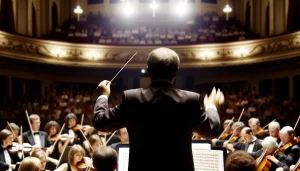 Fórmula da Regência 2.0: imagem de uma orquestra em uma casa de espetáculos musicais, com uma grande orquestra na parte baixa, na alta o público e ao centro, um maestro, de costas, destacado, em primeiro plano.